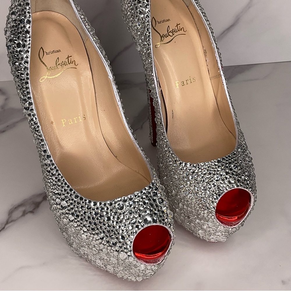 Christian Louboutin Highness AB Strass Crystal Peep Pump Size EU 37.5 / US 7.5 - Picture 6 of 14